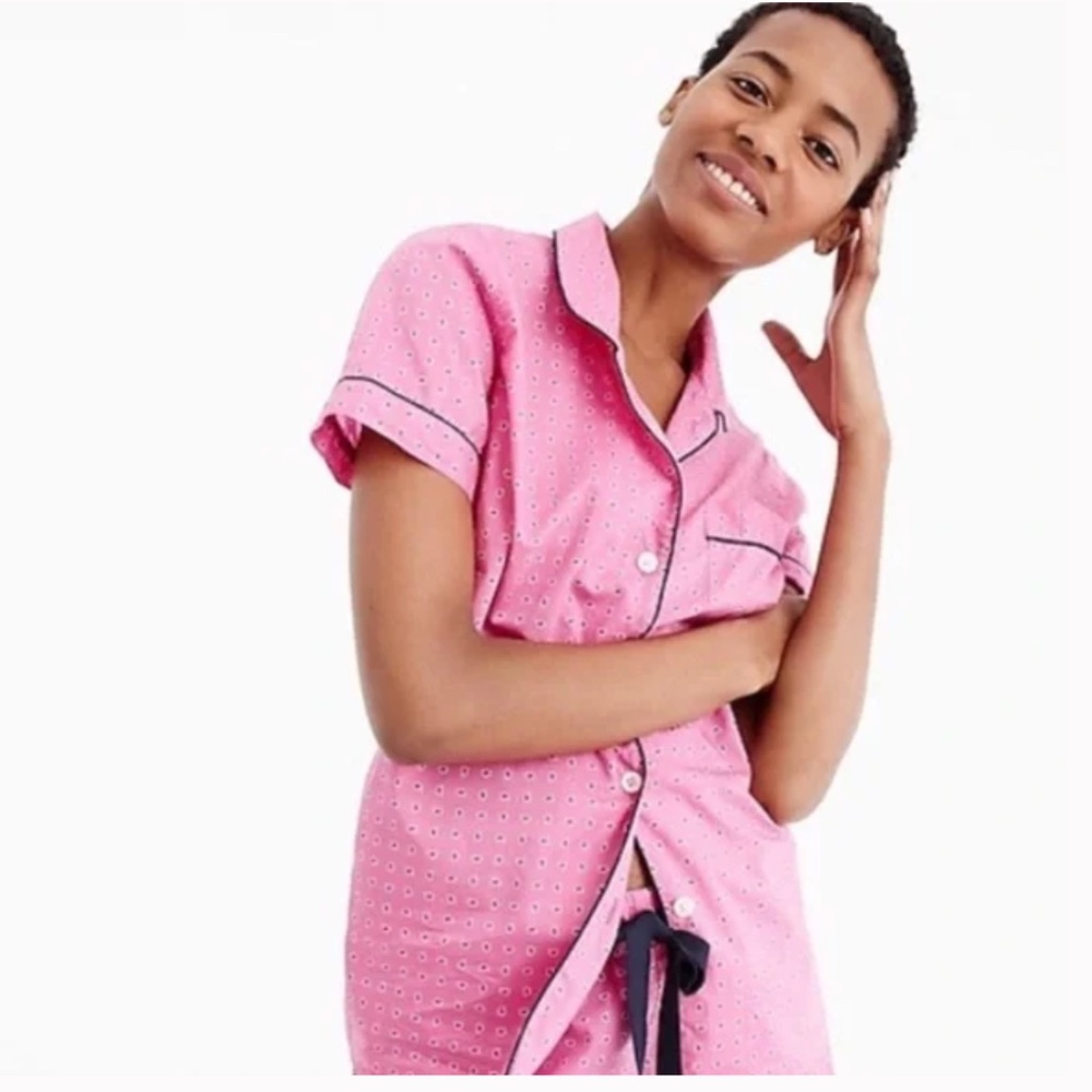 J. Crew Cotton Short Button Down Shirt Pajama Set Pink Foulard Size small